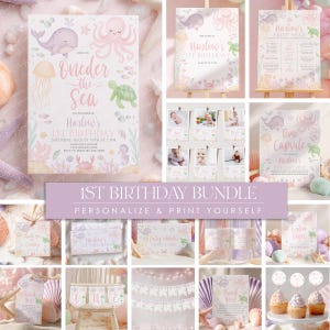 Under the Sea 1st Birthday Invitation Bundle Girl: Pink Purple Decor (Canva Template) BD153
