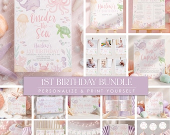 Under the Sea 1st Birthday Invitation Bundle Girl: Pink Purple Decor (Canva Template) BD153