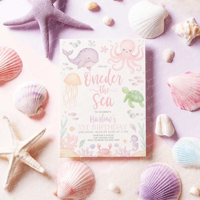 Oneder the Sea Birthday Invitation, Under the Sea Editable Template, 1st Birthday Invite, Ocean Animals Girls Oneder the Sea Invite, BD153 bild 5