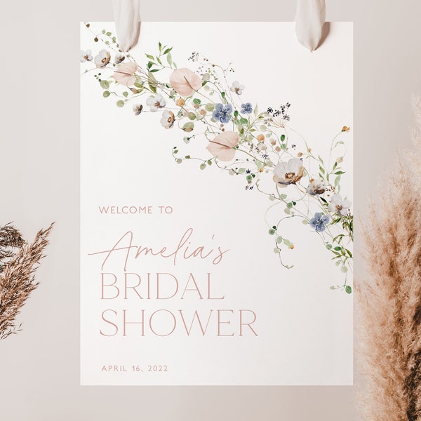 Modèle de plaque de bienvenue pour la douche nuptiale, fleurs sauvages, affiche de bienvenue pour la douche nuptiale, plaque de bienvenue florale pour la douche nuptiale, plaque de fleurs sauvages, BS18