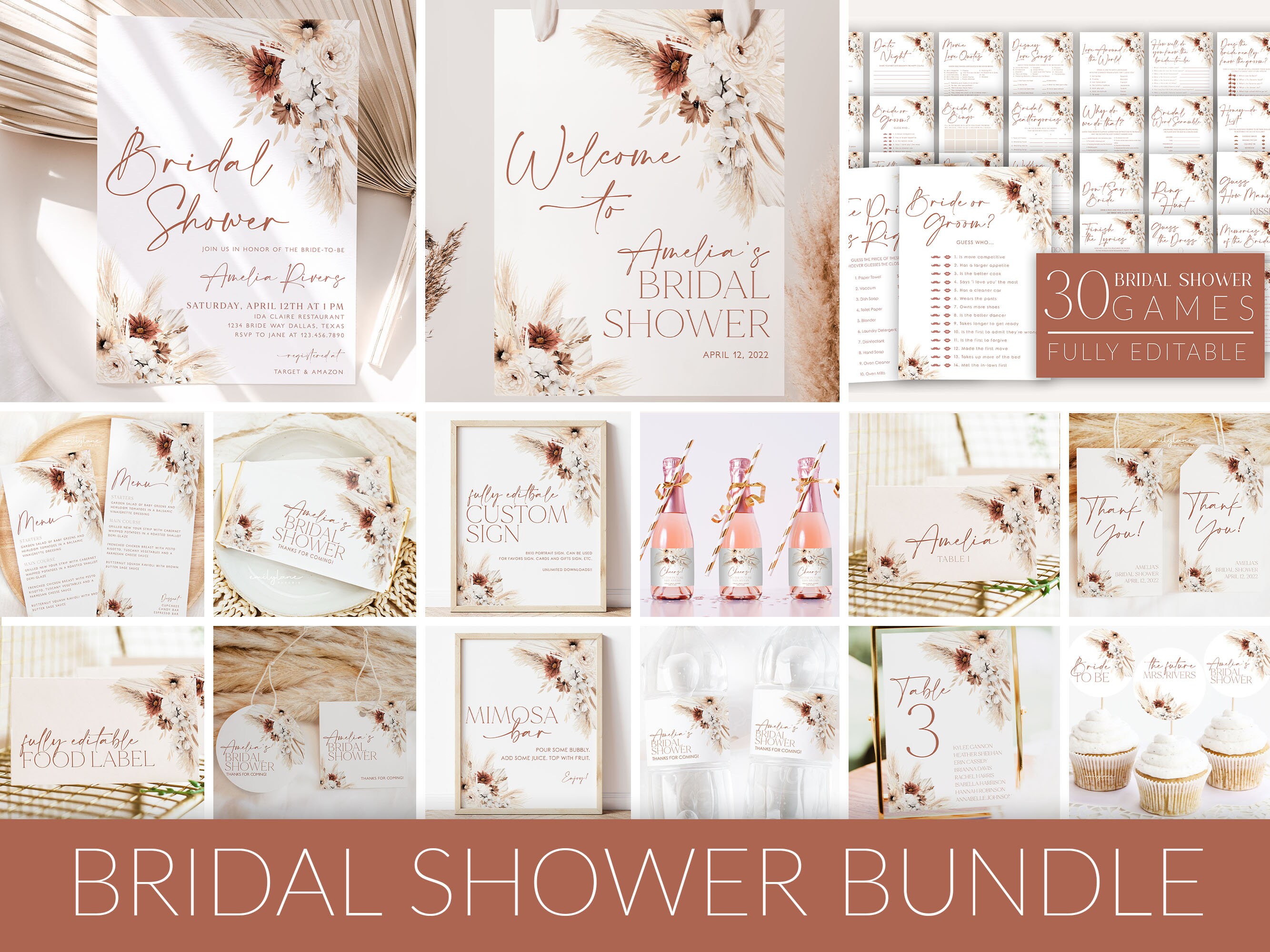 Boho Bridal Shower Invitation Bundle, Boho Floral Bridal Shower Invitation and Games Bundle, Editable Games, Printable Bridal Shower, BS16