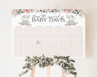 May include: A pink and green floral themed calendar with the text "Guess the arrival of Baby Davis" and a due date marked on the calendar.