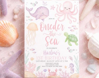 Oneder the Sea Birthday Invitation, Under the Sea Editable Template, 1st Birthday Invite, Ocean Animals Girls Oneder the Sea Invite, BD153