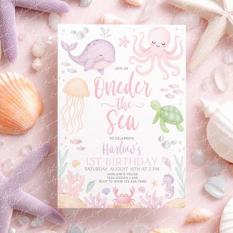 Oneder the Sea Birthday Invitation, Under the Sea Editable Template, 1st Birthday Invite, Ocean Animals Girls Oneder the Sea Invite, BD153 bild 1