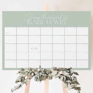 Calendario de fecha de vencimiento del baby shower verde salvia, signo mínimo de la fecha de nacimiento del bebé, adivina el signo de la fecha de llegada, signo de la fecha de vencimiento, baby shower boho, BBS16