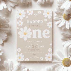 Daisy Birthday Invitation, Flower 1st Birthday Invite, Daisy Invitation, Girls 1st Birthday, Neutral Daisy Invitation, Beige, Daisy, BD147