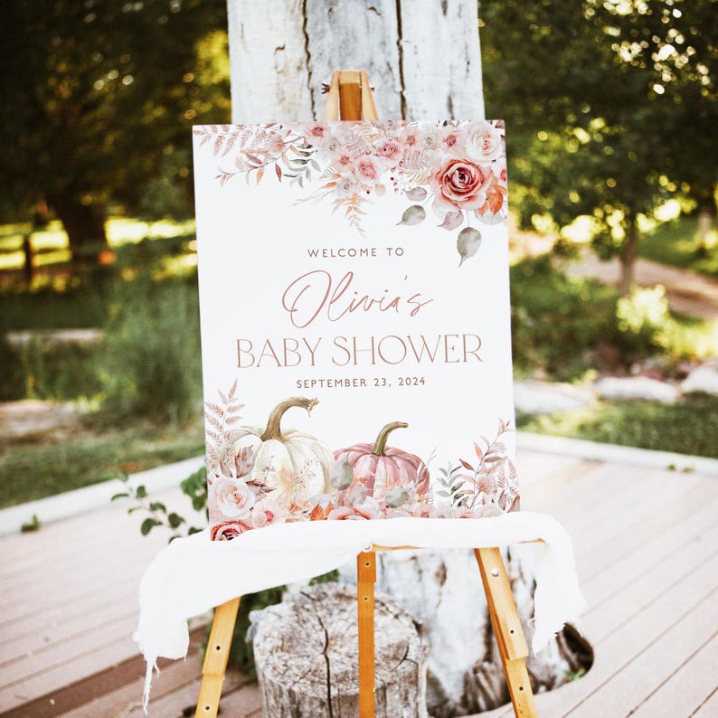 Pumpkin Baby Shower Welcome Sign, Floral Pumpkin Baby Welcome Sign, Girl Baby Shower, Pink Floral Pumpkin, Printable Welcome Sign, BBS106 image 3