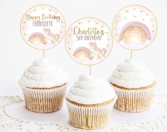 Einhorn Geburtstag Cupcake Toppers, Regenbogen Geburtstag Cupcake Toppers, Gold Glitter Geburtstag Cupcake Toppers, Einhorn Geburtstag, bearbeitbar, BD48