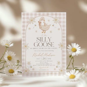 Silly Goose Baby Shower Invitation, Gender Neutral Baby Shower Invite Printable, Mother Goose Baby Shower, Daisy Gingham Beige, BBS134