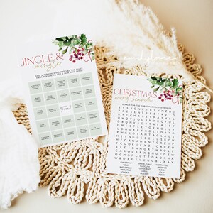 May include: Two printable Christmas party game cards. The first card is a green bingo card with the title "Jingle & Mingle". The second card is a white word search puzzle with the title "Christmas Word Search". Both cards feature a watercolor illustration of holly and berries.