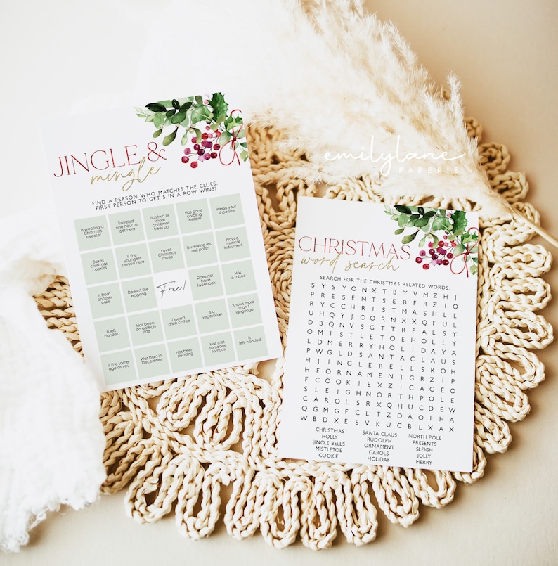 May include: Two printable Christmas party game cards. The first card is a green bingo card with the title "Jingle & Mingle". The second card is a white word search puzzle with the title "Christmas Word Search". Both cards feature a watercolor illustration of holly and berries.