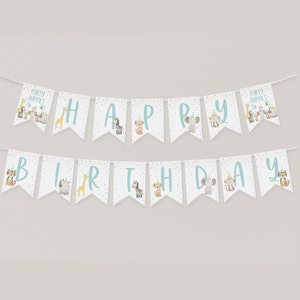 Party Tier alles Gute zum Geburtstag Banner, alles Gute zum 1 Geburtstag Banner Printable, 1. Geburtstag Dekor, Dschungel-Party 1. Geburtstag, Safari Tiere, BD68