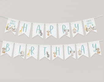 Party Tier alles Gute zum Geburtstag Banner, alles Gute zum 1 Geburtstag Banner Printable, 1. Geburtstag Dekor, Dschungel-Party 1. Geburtstag, Safari Tiere, BD68