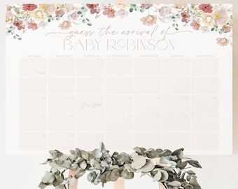 Op de afbeelding: Een printbare baby shower-spelkalender met een bloemige rand. De kalender heeft de titel "Raad de aankomst van Baby Robinson".