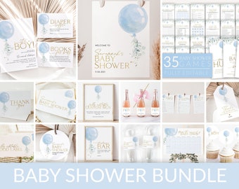 Baby Shower Invitation Boy Bundle, Printable Baby Shower Invitation and Editable Games, Blue Baby Shower Decorations, Boy Baby Shower, BBS01