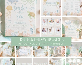 Under the Sea Birthday Invitation Bundle: Ocean Animals, First Birthday (Canva Template)