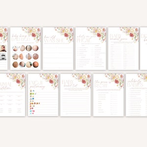 May include: A set of printable baby shower game cards with floral designs. The games include "Who's That Celebrity", "Baby Bump Dad Bod", "How Old Was She", "What's on Your Phone", "Baby Animal Game", "Emoji Pictionary", "Baby Bucket List", "The Price is Right", "Celebrity Babies", and "Draw a Baby".
