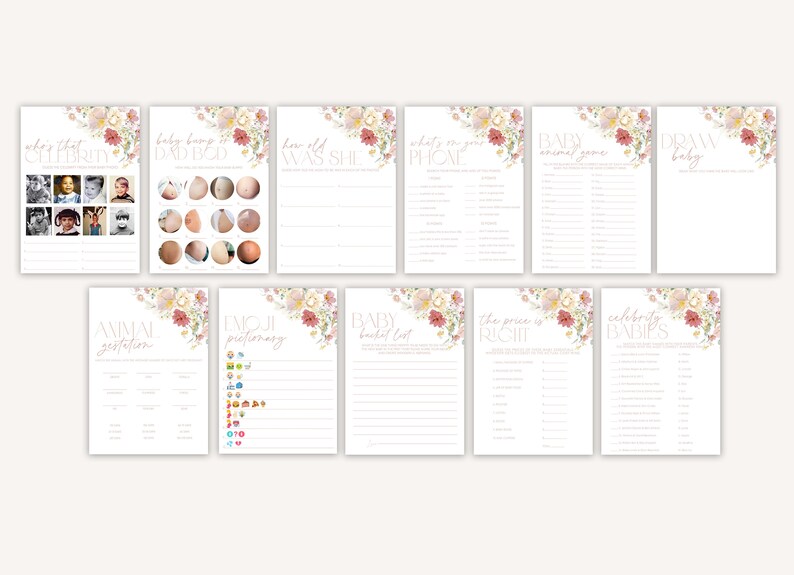 May include: A set of printable baby shower game cards with floral designs. The games include "Who's That Celebrity", "Baby Bump Dad Bod", "How Old Was She", "What's on Your Phone", "Baby Animal Game", "Emoji Pictionary", "Baby Bucket List", "The Price is Right", "Celebrity Babies", and "Draw a Baby".