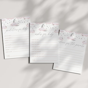Conseils pour baby shower, étoiles de lune roses, jeu de baby shower étoiles lune argentées, prédictions de baby shower fille, voeux de baby shower, carte de conseils, BBS72
