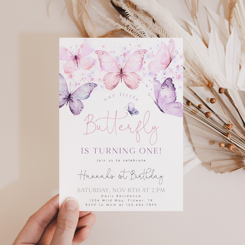 Butterfly Birthday Invitation, 1st Birthday Invite, First Birthday Invitation, Butterfly Birthday, Birthday Girl, Girl Butterfly Party, BD18 image 3
