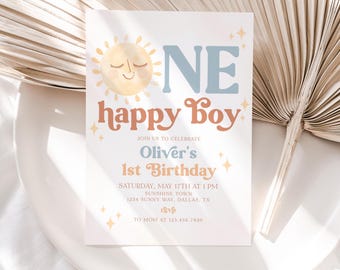 One Happy Boy Birthday Invite, Sunshine Birthday Invitation, Sun Boy 1st Birthday Invitation, One Happy Boy 1st Birthday Invitation, BD78