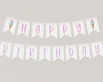 Pastel Ice Cream Happy Birthday Banner, Pastel Happy 1st Birthday Banner Printable, Girl Birthday Decor, Ice Cream Birthday, Pastel, BD50