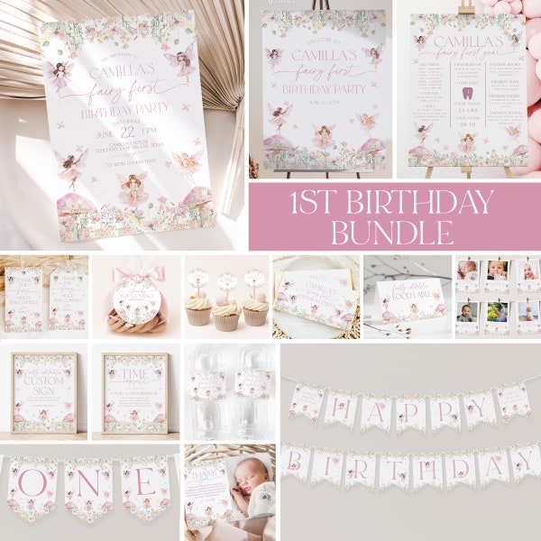 Fairy Birthday Invitation Bundle, Pink Fairy 1st Birthday Invitation, Girl 1st Birthday, First Birthday Decorations, Birthday Bundle, BD69