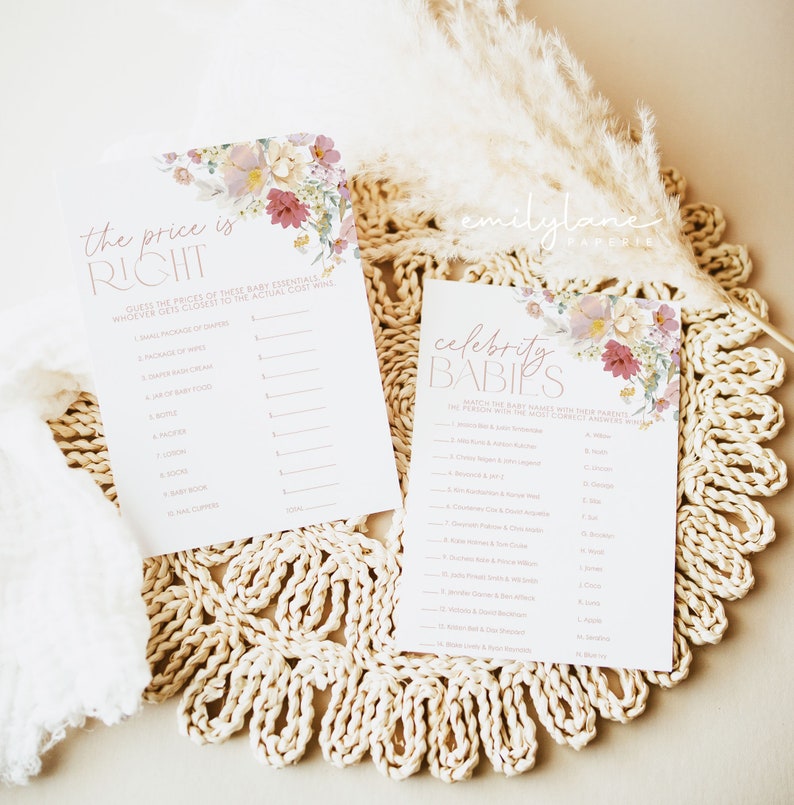 May include: Two printable baby shower game cards with floral designs. The first card is titled "The Price is Right" and asks guests to guess the price of baby essentials. The second card is titled "Celebrity Babies" and asks guests to match celebrity babies with their parents.