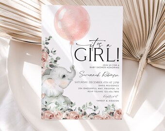Puede incluir: Una invitación de baby shower rosa y blanca con una ilustración de acuarela de un elefante sosteniendo un globo rosa. El texto dice "it's a GIRL!" e incluye el nombre "Savannah Robinson", la fecha y hora de la ducha, la ubicación y la información de RSVP. La invitación también incluye el texto "Registered at TARGET & AMAZON".