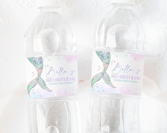 Etiqueta de botella de agua de cola de sirena, etiqueta de agua de cumpleaños de sirena, etiqueta de botella de agua imprimible, etiqueta adhesiva de agua, cumpleaños de sirena, BD64