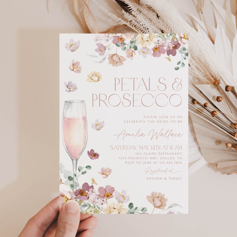 Petals and Prosecco Bridal Shower Invitation, Pink Pastel Petals and Prosecco Bridal Shower Invite, Editable Bridal Shower Template, BS28 image 3