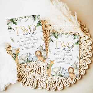 May include: Two jungle-themed birthday invitations with green leaves, a gold "TWO wild" text, and illustrations of animals like a giraffe, elephant, lion, and zebra. The invitations are for Mason's 2nd birthday, with the date and time of the party.