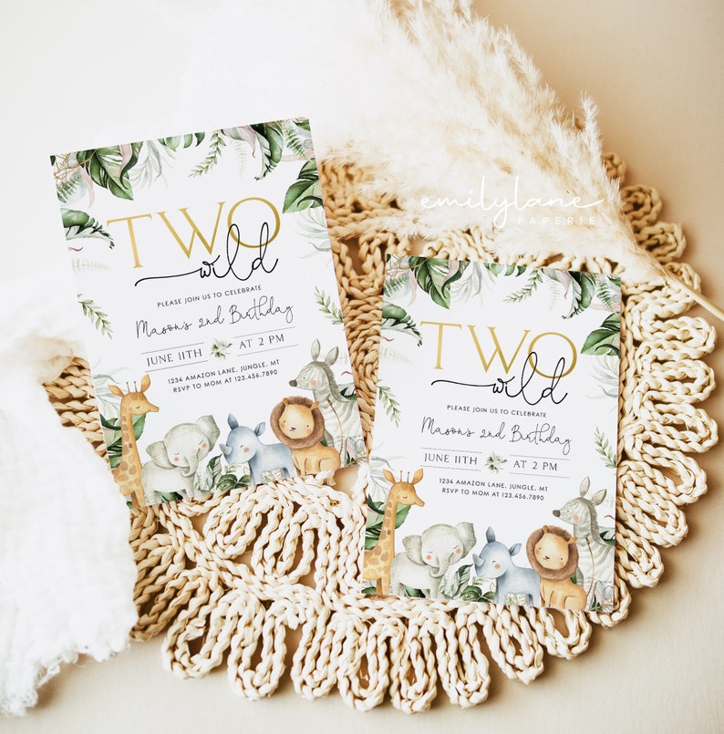 May include: Two jungle-themed birthday invitations with green leaves, a gold "TWO wild" text, and illustrations of animals like a giraffe, elephant, lion, and zebra. The invitations are for Mason's 2nd birthday, with the date and time of the party.