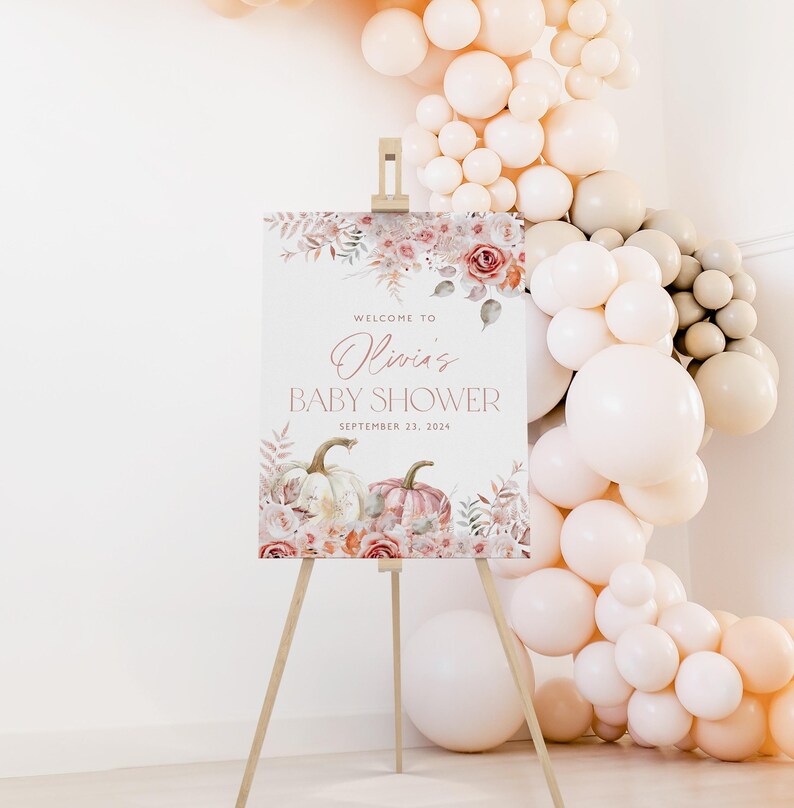 Pumpkin Baby Shower Welcome Sign, Floral Pumpkin Baby Welcome Sign, Girl Baby Shower, Pink Floral Pumpkin, Printable Welcome Sign, BBS106 image 9