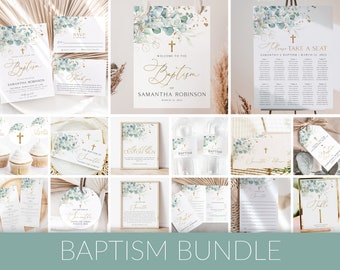 Eucalyptus Baptism Invitation Bundle: Gold Christening Decor (Editable, Digital Download)