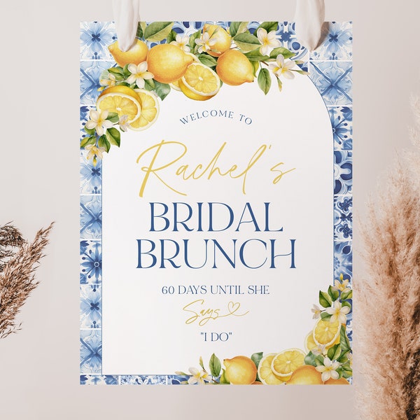 Citrus Mediterranean Bridal Brunch Welcome Sign, Blue Italian Tiles Bridal Shower Welcome Sign, Citrus Lemon Welcome Sign Template, BS47