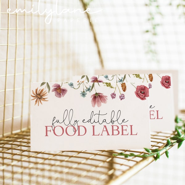 Wildflower Food Labels, Wildflower Food Label Card, Birthday Food Tags, Folded Food Cards, Tented Food Labels, Wildflower Food Cards, W1