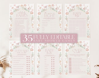 Baby Shower Games Girl, Floral Arch Baby Shower Editable Games, Printable Games, Baby Games Pack, Pink Floral, Girl Baby Shower, BBS103