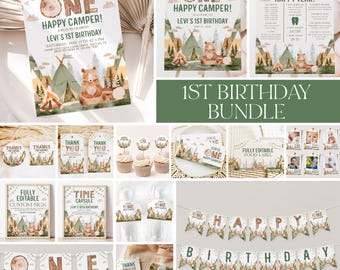 One Happy Camper 1st Birthday Invitation Bundle, Camping Bear Birthday Invite, Boy 1st Birthday, Birthday Decorations, Happy Camper, BD88