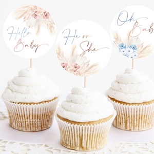 Boho Gender Reveal Cupcake Toppers, Boho Pink Gender Reveal Cupcake Toppers, Blue Boho Gender Reveal Cupcake Toppers, Gender Reveal, BBS53