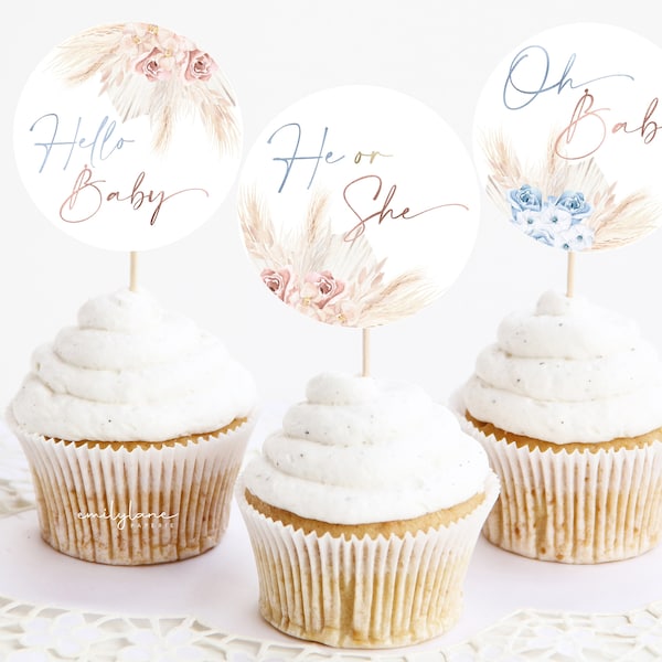 Boho gender onthullen cupcake toppers, Boho roze gender onthullen cupcake toppers, blauwe Boho gender onthullen cupcake toppers, gender onthullen, BBS53