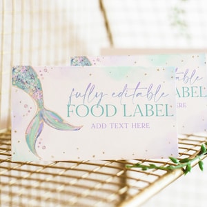 Étiquettes d'aliments modifiables sirène, carte d'étiquettes d'aliments queue de sirène, étiquettes d'aliments d'anniversaire violet et bleu sarcelle, fête de sirène, étiquette de tente modifiable, BD64