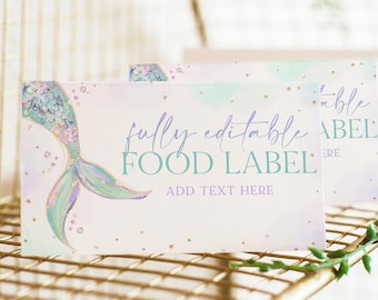 Etiquetas de comida editables de sirena, tarjeta con etiqueta de comida con forma de cola de sirena, etiquetas de comida de cumpleaños en morado y verde azulado, fiesta de sirena, etiqueta editable con forma de carpa, BD64
