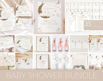 Over the Moon Baby Shower Invitation Bundle, Gold Moon Stars Baby Shower Invitation, Editable Baby Shower Decor, Gender Neutral, BBS41