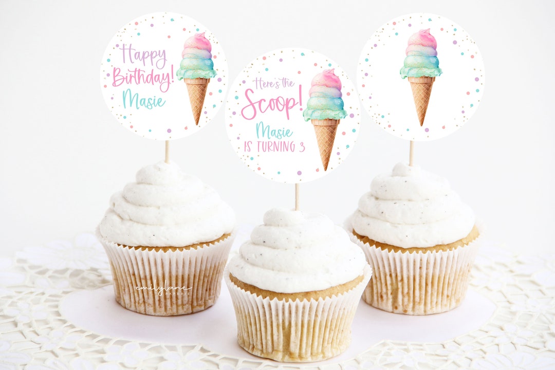 Pastel Ice Cream Cupcake Toppers, Pastel Birthday Cupcake Toppers, Ice Cream Birthday Cupcake