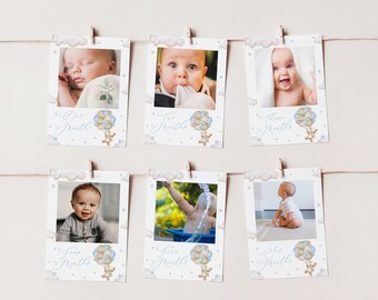 May include: A set of six baby milestone cards with a blue and white colour scheme. Each card features a different month, from one to six, with a cute cartoon bear holding balloons. The cards are decorated with clouds and stars.