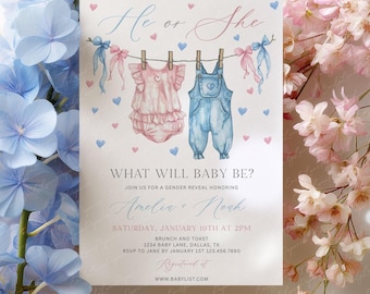 Gender Reveal Invitation Template, Boy Girl Baby Clothesline, Pink and Blue (Editable Canva Template)