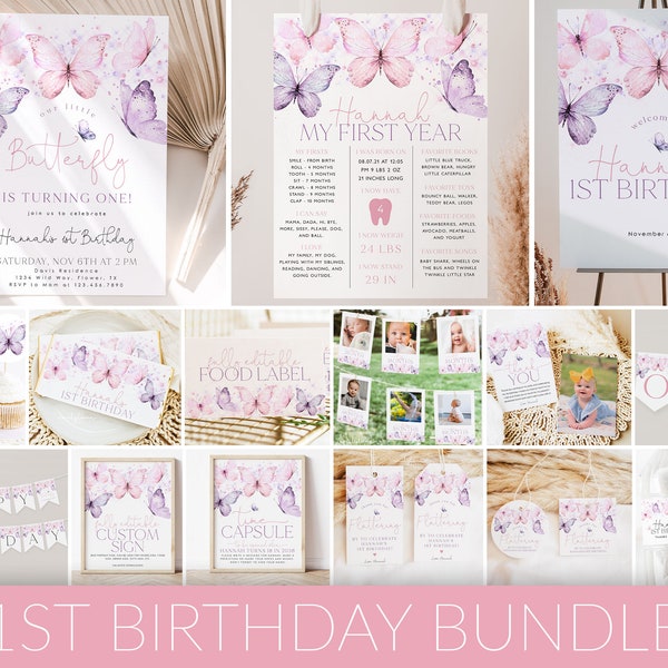 Butterfly Birthday Invitation Bundle, Pink Butterfly Invitation, Girl 1st Birthday, First Birthday Decorations, Girl Birthday Bundle, BD18