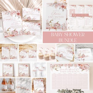 Pink Pumpkin Baby Shower Invite Bundle, A Little Pumpkin is On the Way Baby Shower Invite and Games, Girl Baby Shower, Pink Floral, BBS106