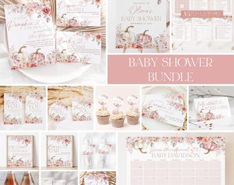 May include: A baby shower printable bundle with a fall theme. The design features pumpkins, floral elements, and a pink and white color scheme. The bundle includes invitations, thank you tags, food labels, cupcake toppers, and more.